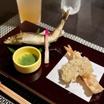 Hakone Fuura - 一、焼き物
                      『アユの塩焼き』
                      『海老アーモンド揚げ』
                      『南瓜天ぷら』