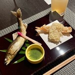 箱根ふうら - 一、焼き物
『アユの塩焼き』
『海老アーモンド揚げ』
『南瓜天ぷら』