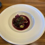 シマラボ ビス - 海ぶどうとナスめんたいのポアレ紫芋のソース　満足