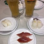 はま寿司 - 今日も元気だ　ビールが美味い　エンガワ　マグロ　姿イカ