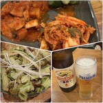 長春館 - ムンチュ・キムチ盛合せ・瓶ビール
