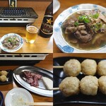 Horumon Taishou - 左上：お通しとビール　右上：お通しの煮込み　左下：ツクネと豚カシラ　右下：ツクネ