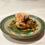 田中圭英 - 無花果の白玉粉揚げ　豚バラ・発酵唐辛子・ニンニクの芽のソース 