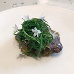 eos - 鮑の肝のリゾット、長野あわび茸、おかひじき