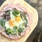 Salsa Bismark pizza with pulled pork and soft-boiled eggs
