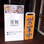 楽観 - 建物入口の看板。