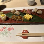 恵比寿 鮨 おぎ乃 - 握り5貫　中えび・本マグロの大トロ・なまだこ・あなご・たまごプリン