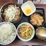 吉野家 - W定食（牛皿・ねぎ塩牛カルビ）ご飯大盛+生野菜サラダ+生玉子