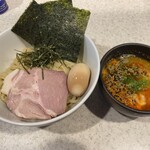 らぅめん考房 ありがた屋 - 「ミンチと溶き卵の辛つけ麺(1,050円)」、「特製のせ(350円)」、very special CARDにより「大盛(150円)」が無料