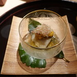 寿し道 桜田 - 鮑と宮崎の雲丹、焼きナスの土佐酢ジュレ、みょうが