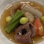 四谷 うえ村 - 白ズイキ、金目鯛、牛肉の大徳寺納豆乗せ