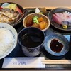 なな川 - 日替わり定食(税込1,100円)
①お刺身(真鯛、ヨコワ【本鮪幼魚】、〆鯖)
②ミニサラダ&炙った小鯵の干物
③大根と南瓜の焚き合わせ、ブロッコリー添え
④白ご飯
⑤浅蜊のお味噌汁
⑥お漬け物