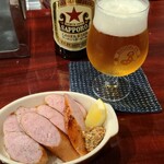 Kiyomisakaba - おつまみ②ソーセージ2種盛り(税込850円) 
                      お酒①サッポロラガービール(瓶ビール、サッポロビール)(税込700円)