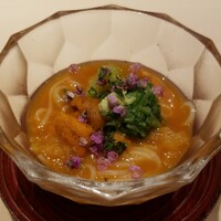 鮨一正 - 素麺 …雲丹、オクラ、茄子、卵黄﻿ 