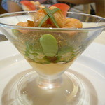 アニヴェルセル カフェ - 【結婚記念日ディナーコース】海老とピスタチオのジュレ 赤ピーマンのムースと共に