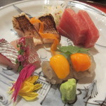 車海老、本鮪中トロ、カマスの炙り、シマアジの御造り