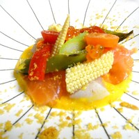 京都 三条 やま平 - サーモンと帆立と初秋の野菜　南瓜ピューレ添え