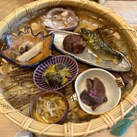 柚木元 - 八寸〜アケビ　天龍鮎タレ焼き　栗の渋皮煮　天然舞茸　あかやまとりたけ　ジャガイモの千切り　あみ茸　まこも茸のきんぴら