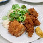 ゆたか食堂 - やはりこの秋初のカキフライと帆立フライ　この日はガージェリーも入れてぴった3000円