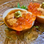 Sea urchin, salmon roe, and boiled egg