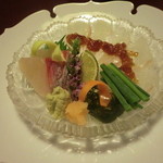 うかい竹亭 - お造り：平目薄造り、カンパチ