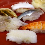 日本料理 浜風 - 日本料理 浜風 ＠舞浜 サンルートプラザ東京 左上から時計回りに あなご・たこ・さんま・えび・えんがわ・いかげそ