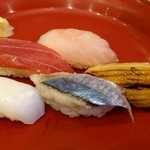 日本料理 浜風 - 日本料理 浜風 ＠舞浜 サンルートプラザ東京 左上から時計回りに まぐろ・かんぱち・あなご・さんま・いか