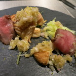 エクアトゥール - 25年10月　ミノと松茸、牛のカルパッチョ添え、生姜と檸檬を使った酸味あるソース