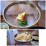 Nichigetsu - ＊煮物も小量ですけれど、いいお味。 ＊ご飯は玄米で、体にヨサゲ。