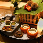 銀座 しのはら - 柿なし白和え、さわら芝和えもずく酢ニシン茄子柿ナマス