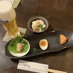 Kisaburou Noujou - おつまみ3種と朧豆腐…生ビールは2杯目w