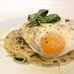 Bacon fried egg Parmigiano oil spaghetti