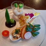 チャイニーズレストラン カレン - 前菜：湯葉の和え物　オクラに胡麻味噌　エビとそうめんカボチャ　ピータンと豆腐