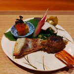 日本料理 幸庵 - 鹿肉とネギ、マナガツオのみそ漬け、さつまいも