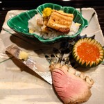 和ごころ 泉 - 穴子と栗の飯蒸し・いくら・鯵のきずし・鴨ロース