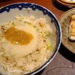 馳走 啐啄一十  - ⑰渡り蟹(山口県産)ごはん、このわた(山口県)載せ
      ⑱炭火焼き赤鯥【別称:ノドグロ】(島根県産、釣りもの)、大根おろし《ご飯のお供》