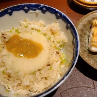 馳走 啐啄一十  - ⑰渡り蟹(山口県産)ごはん、このわた(山口県)載せ
                ⑱炭火焼き赤鯥【別称:ノドグロ】(島根県産、釣りもの)、大根おろし《ご飯のお供》