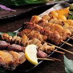 Assortment of four types Yakitori (grilled chicken skewers)