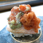 寿司栄 - 握り　金沢より1ヶ月早く解禁となる新潟産の香箱蟹　蟹肉　内子　外子　ミソ