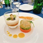 アールベルアンジェ 高松店 - ・赤パプリカのムースとたらば蟹のサラダ(右)
                                ・カブのブラマンジェ あわび添え(左)