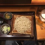 Towari Soba Sagatani - 2015/11/24 もりそば（大盛）＋味噌胡瓜＋プレミアムモルツ