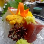 ふじ木 - 刺し盛り カツオ、イカ、タイ  イカ美味しかった