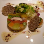 ロアラブッシュ - 季節野菜とコンソメゼリーのユール仕立て　赤座エビのポワレ　トリュフドレッシング