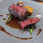 Ryoriya Takashima - 淡路島産の但馬経産牛のハネシタ 兵庫県の空心菜、甘長ししとう等  静岡県産のジャンボ落花生 フォンドヴォーとマルサラと生姜のソース