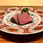 おにく 花柳 - ◆シャトーブリアン炭火焼き  紫芋とチーズ　京菊菜胡麻和え