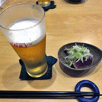 天ぷら処 こさか - 生ビール（ふたくち飲みました）＆ お通し（カツオのたたき）（２０１３年１０月）