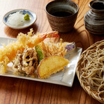 Tempura soba with large shrimp and seasonal vegetables