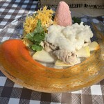 カフェアーボ - 赤万願寺のソース　大根おろし　豚しゃぶ、梨、おからビーツ