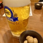 Hananomai - 生ビール　大　お通し　味付きうずらの玉子