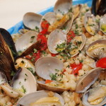 ~Fregola~ Three types of shellfish: clams, mussels, and clams with fresh tomato oil sauce